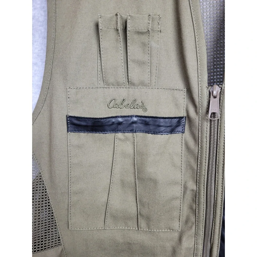 Cabelas Mens 2XL Shooting Vest‎ Olive Canvas & Leather Recoil Pad Mesh Back